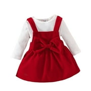 LMTODLFG Baby Girl Clothes Baby Girls Long Sleeve Solid Ribbed Romper Tops Bowknot Suspender Skirt Outfits 2PCS Set 12 Month Girl Clothes White 6-9 Months